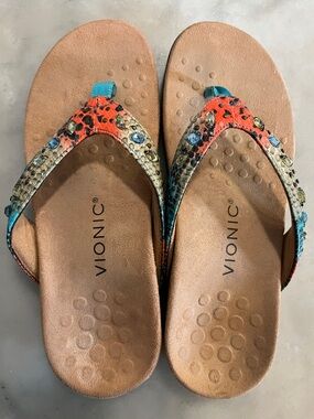Vionic Multicolor Jeweled Snake-Print Thong Sandals - Coral, Cream & Blue